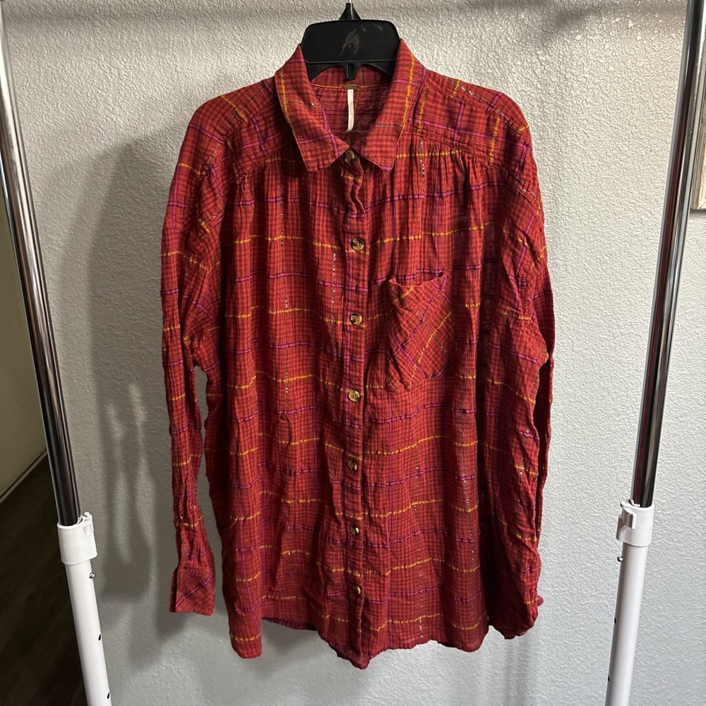 Free People Red Plaid Button-Down Shirt